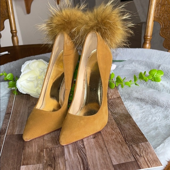 Brown Suede Stiletto Heels with Pom-Pom Embellishment - Picture 1 of 9